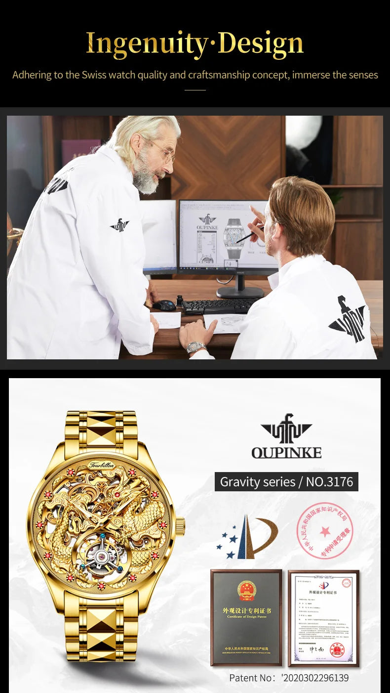 100% Golden Dragon OUPINKE 3176 True Tourbillon Watch Brand Luxury Tungsten Steel Men Automatic Mechanical Watch Reloj Hombre