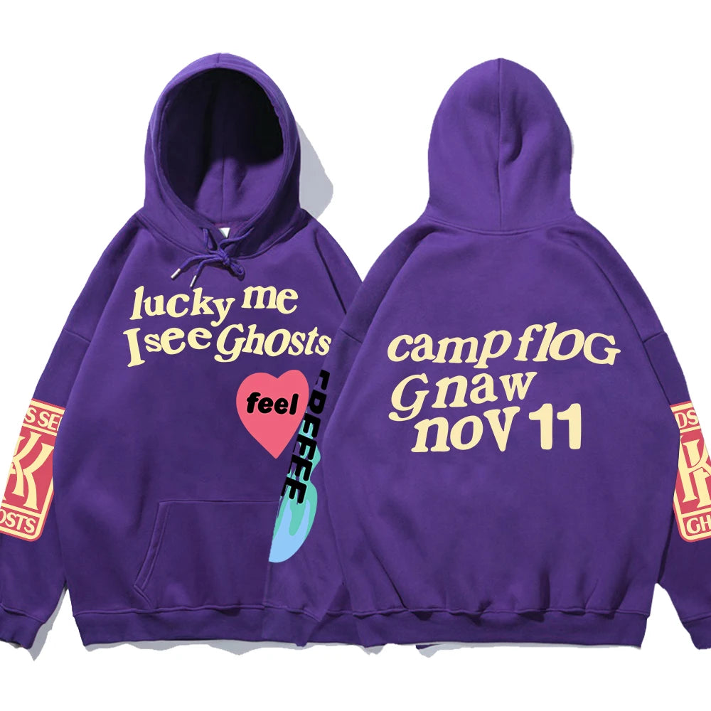 Graffiti Letter Printed Loose Hooded Kanye Sweatshirts Men Oversized Fleece Luck Me I See Ghosts Hoodie Unisex Pullover Hoody