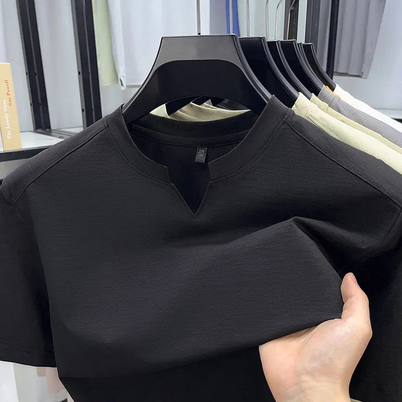 Korean Men's Short Sleeve V-Neck T-Shirt Solid Color Casual Fashion Comfortable Summer Versatile Solid Top