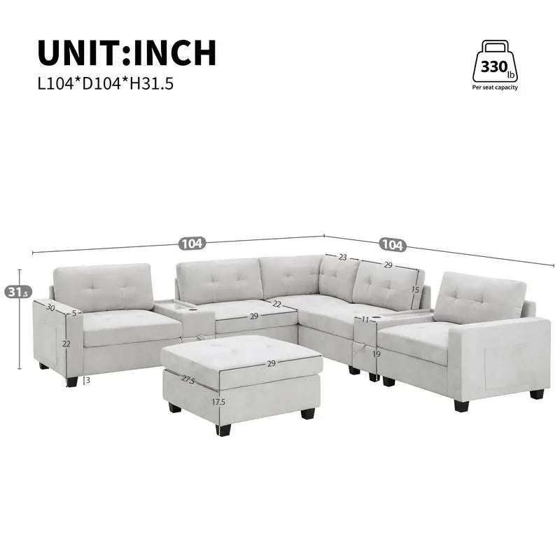 104" Sectional Sofa with Acrylic Tabletop, Chenille U-Shaped Couch Set, 2 Consoles, USB Charger, Storage Drawers, Pockets,