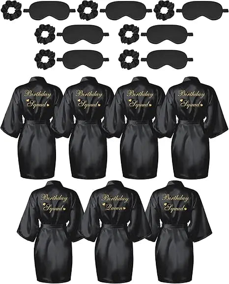 21 Pcs Women Birthday Party Robe Set Queen Squad Kimono Satin Bathrobes with Eye Mask and Scrunchie for Birthday