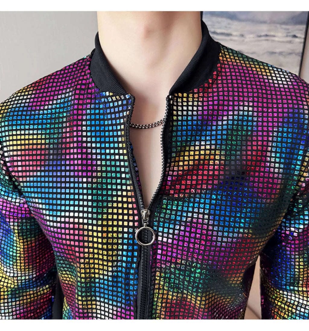 Jas Men's New Diamond Plaid Jackets Men Hip Hop Y2K Bombers Jacket Night Club Stage Streetwear Thin Coat Clothing Veste Homme
