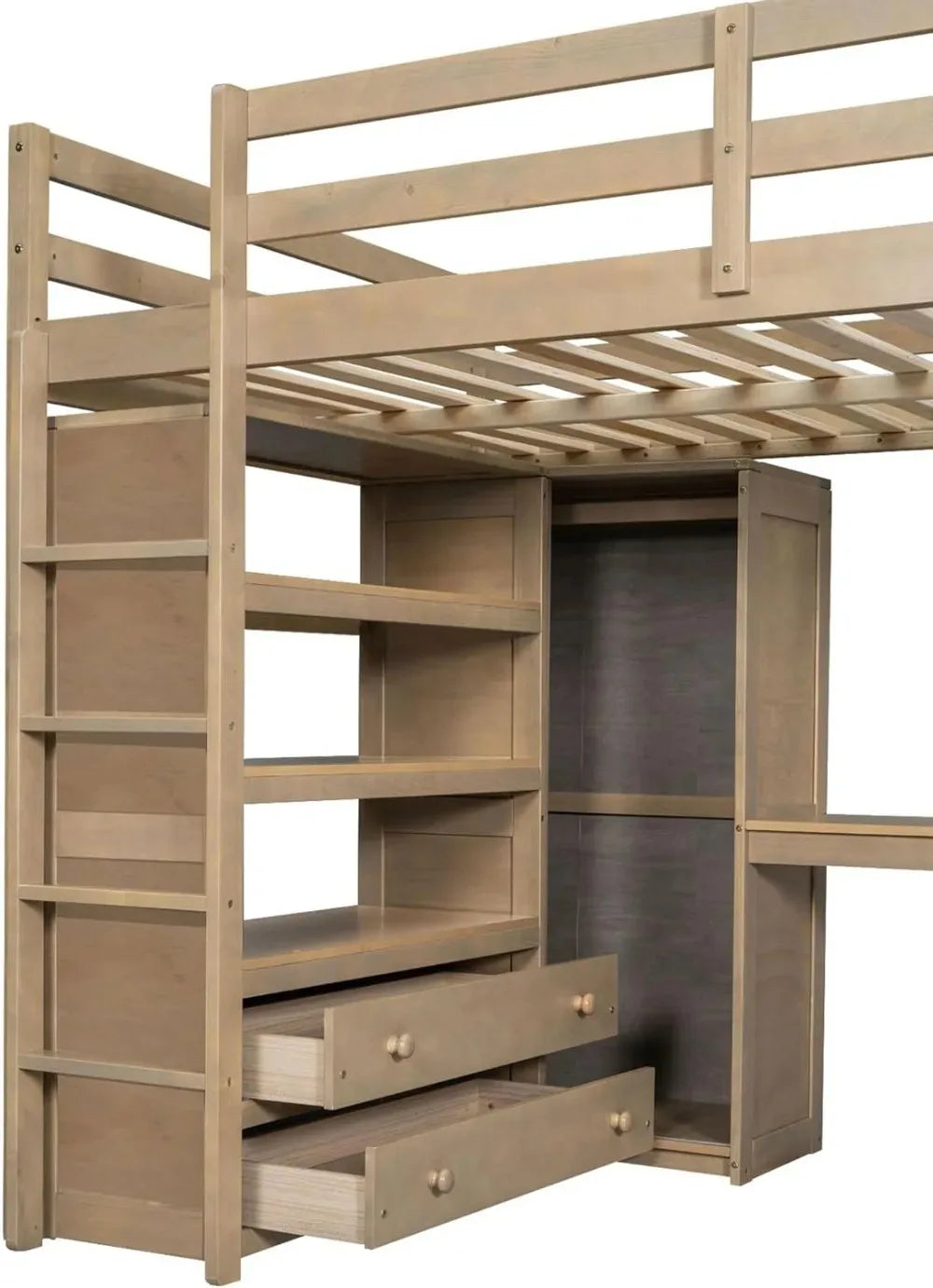 Full Size Loft Bed with Desk, Wardrobe, Drawers & Shelves - Space-Saving Wooden Frame for Kids Teens Adults