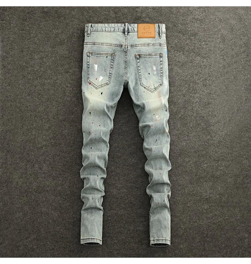 High Street Fashion Men Jeans Retro Washed Blue Stretch Slim Fit Ripped Jeans Men Painted Designer Vintage Denim Pencil Pants