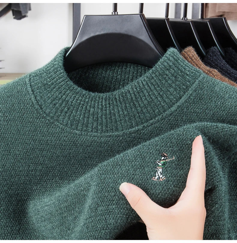 Luxury brand men's round neck knitted sweater fashion cartoon embroidery comfort warm plush autumn winter casual golf pullover