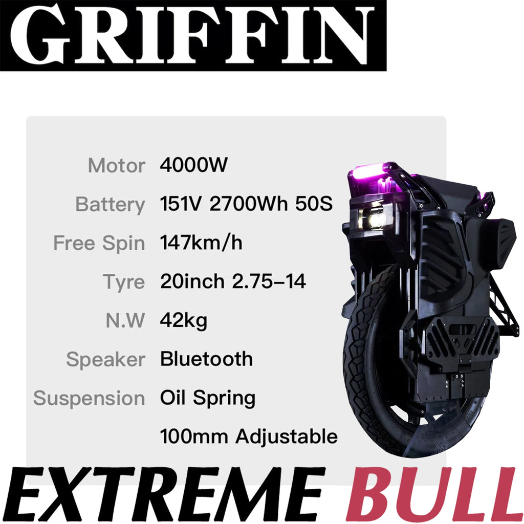 ExtremeBull Griffin 151V 2700Wh 50S Battery Smart BMS 4000W Motor 20inch Tire 100mm Suspension Bluetooth Speaker Self-balancing