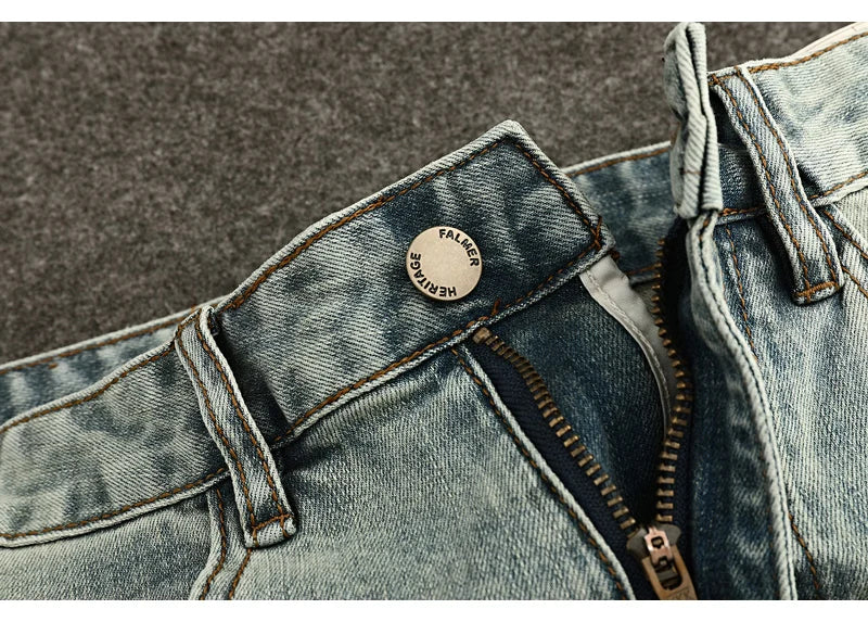 High Street Fashion Men Jeans Retro Washed Blue Stretch Slim Fit Ripped Jeans Men Painted Designer Vintage Denim Pencil Pants