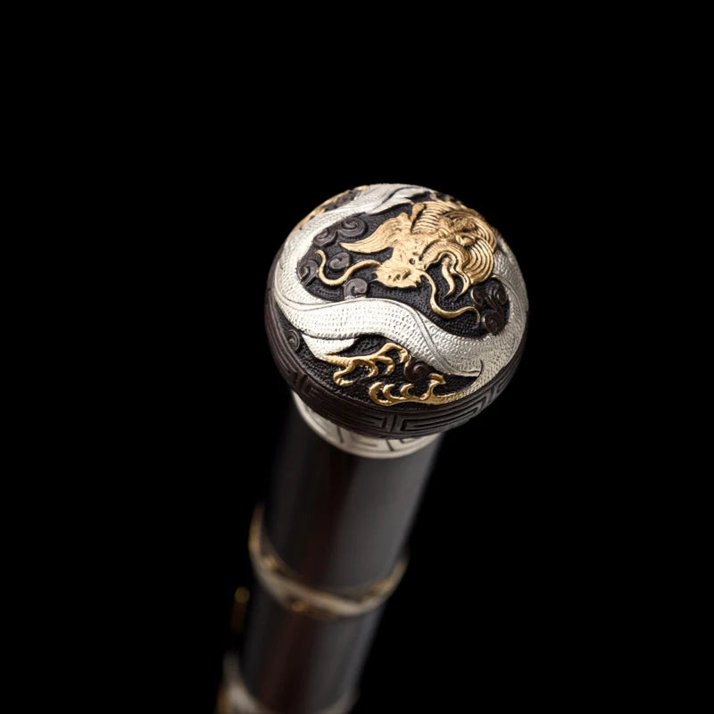 Medieval Staff Sword Folded Steel Damascus Blade Sharp Real Ebony Wood Scabbard Walking Stick Gold Silver Plating Dragon Katanas