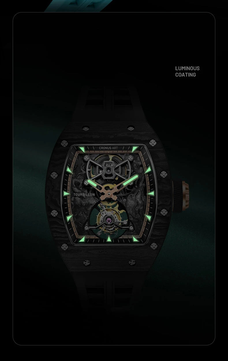 CRONUSART Men Tourbillon Watch 50mm Tonneau Mechanical Wristwatch Carbon Fiber Case & Dial Luminous Sapphire Mirror