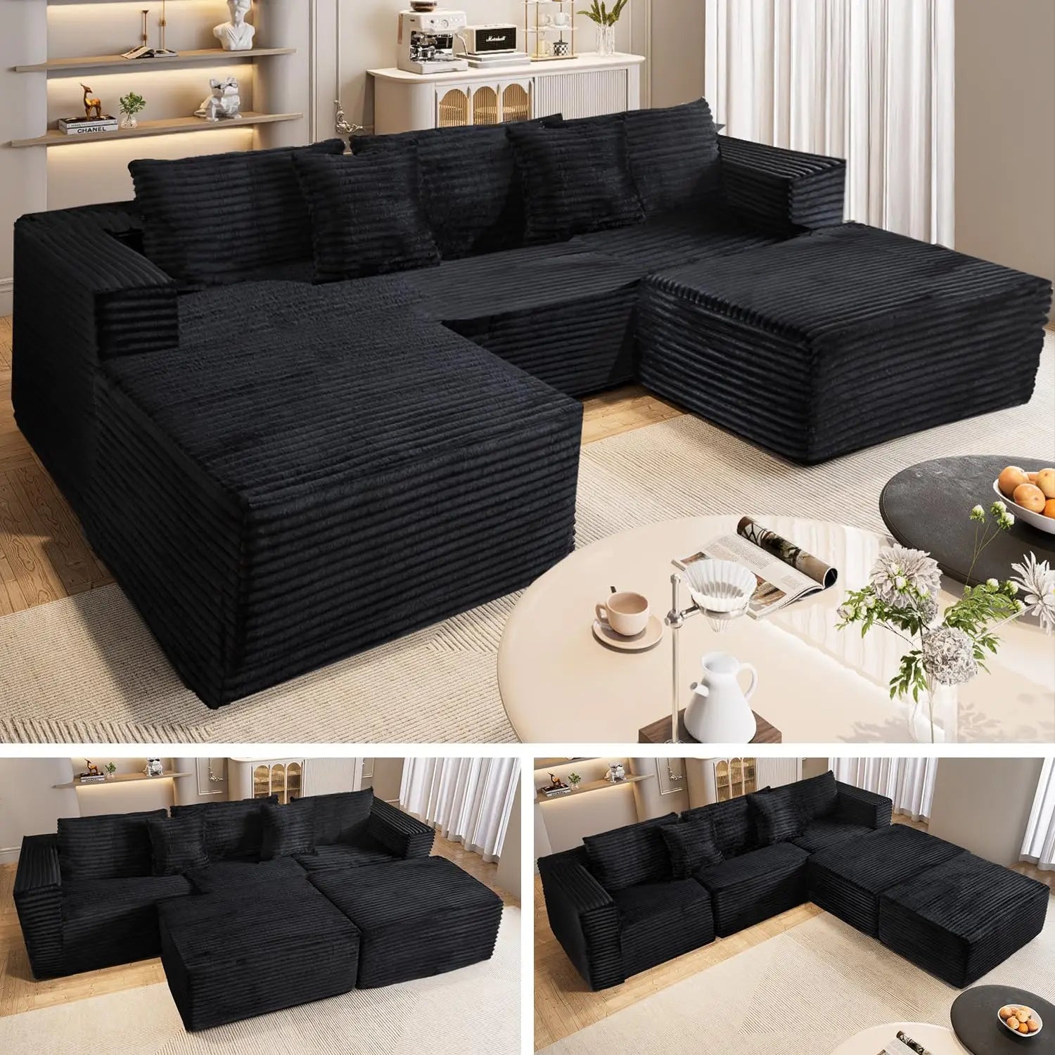 110" Modular Sectional Couch with 2 Movable Ottoman,3-Seater Boneless Cloud Sofa Couches for Living Room, U Shaped, Customized