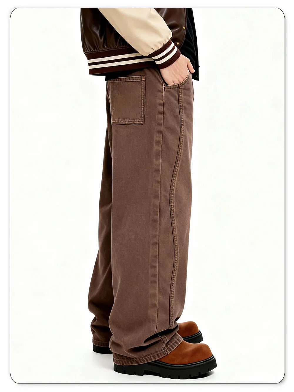 American Retro Men's Brown Casual Baggy Wide Leg Jeans Korean Cartoon Elephant Embroidery Loose Wide Leg Denim Pants Unisex
