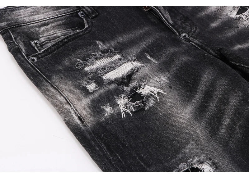 Street Fashion Men Jeans Retro Black Gray Elastic Stretch Slim Fit Hole Ripped Jeans Men Patched Designer Hip Hop Brand Pants