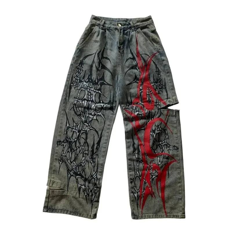 American New Fashion Oversized Pattern Printed Washed Jeans Men Y2K Gothic Rock Popular Casual Joker High Waist Wide Leg Pants