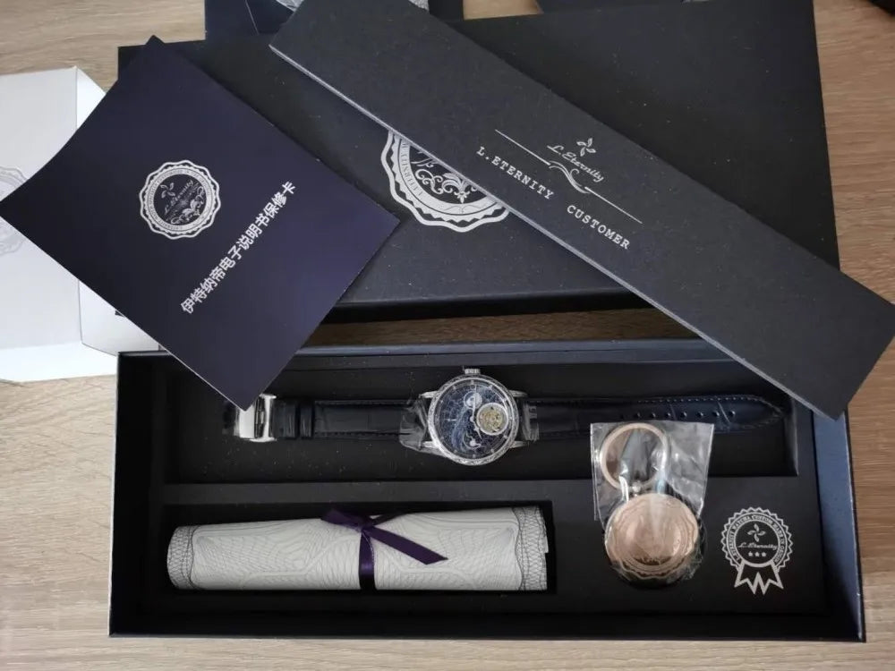 Super Mens Automatic Tourbillon Mechanical Watch Milky Way 3D Rotate Earth Moonphase Business Male Wrist Watches Luminous Dial