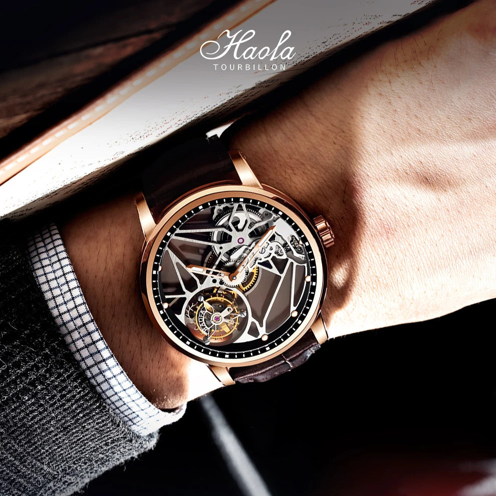 Haofa Skeleton Tourbillon Mechanical Man Watch 1925B Luxury Simple Hollow Tourbillon Movement Men Watches Business