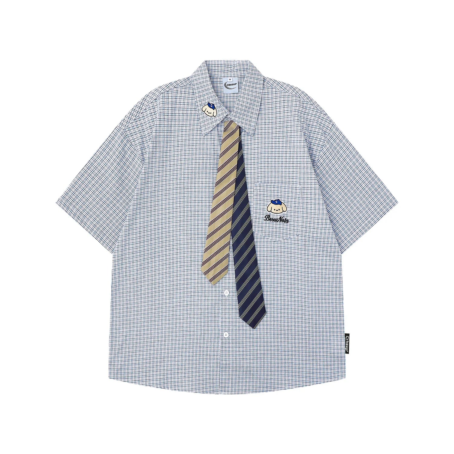 Retro Japanese Cartoon Dog Embroidery Plaid Double Collar Design Short Sleeve Cotton Shirt for Men And Women Couple Style Cas...