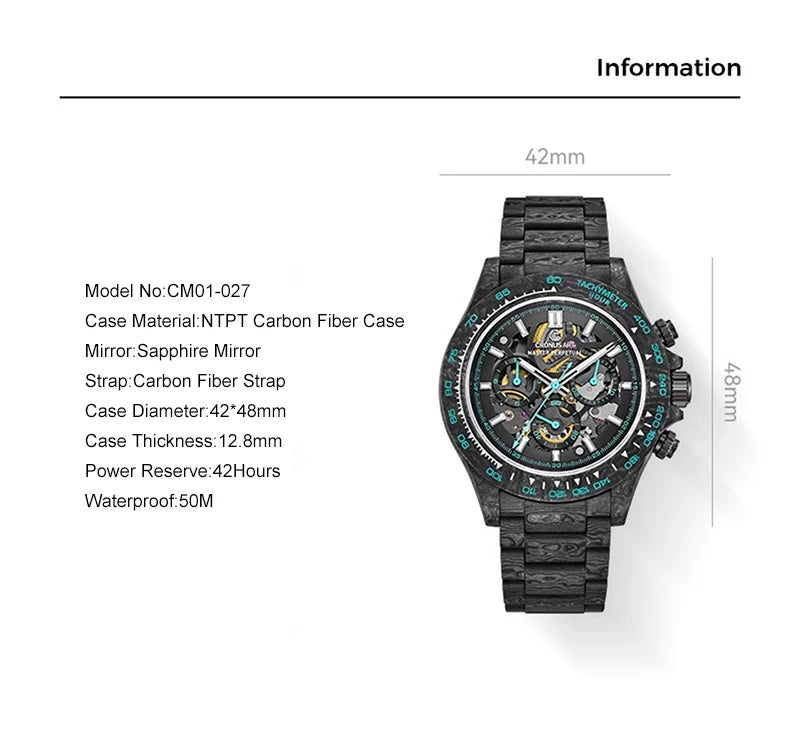 CRONUSART Men Chronograph Watch 42mm Automatic Mechanical Wristwatch Carbonfiber Case & Bracelet Luminous Sapphire Skeleton Dial