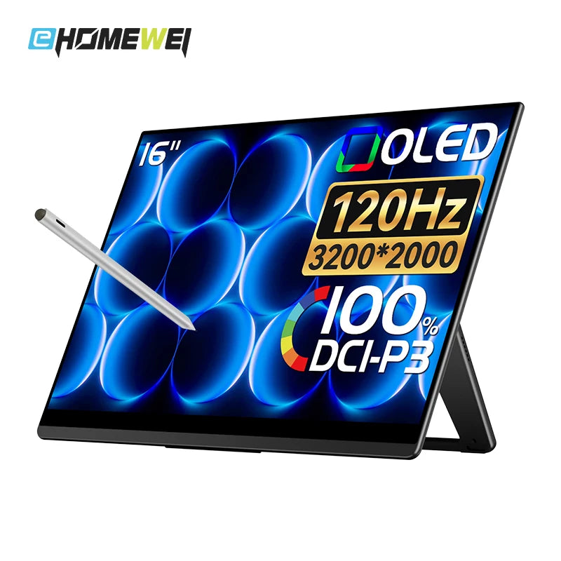 EHOMEWEI RO Series Pro 16" 3K 120Hz Touch Portable Monitor 100% DCI-P3 Active Stylus USB-C HDMI External Display Windows Mac