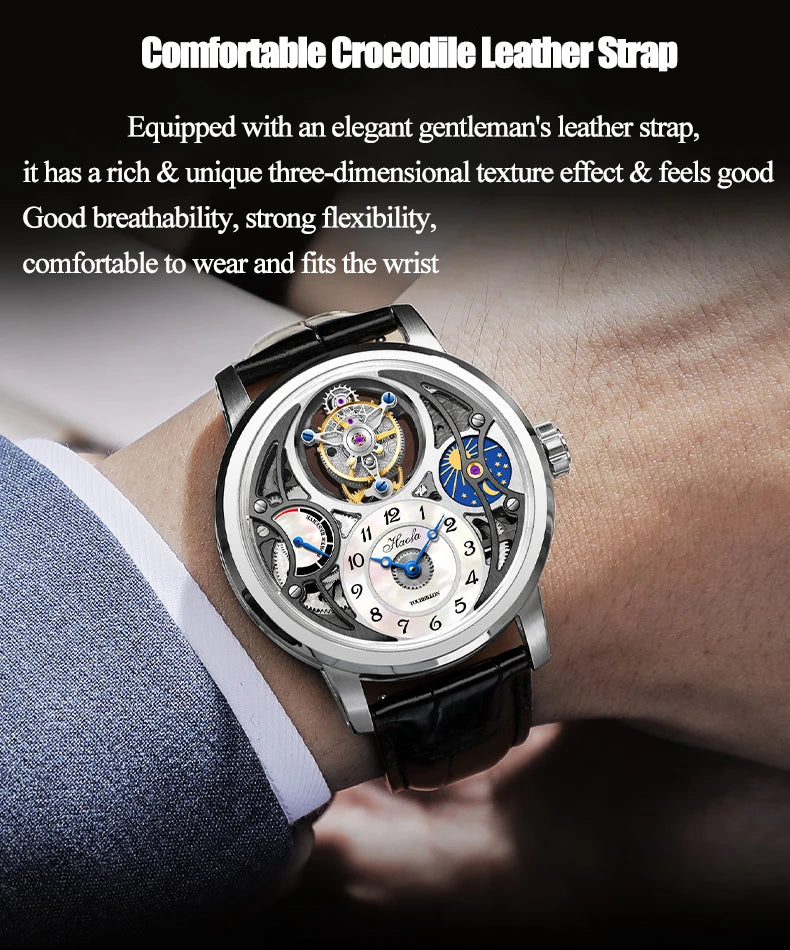 Haofa Manual Tourbillon Watch for Men Moonphase Energy Display Dial Skeleton Movement Sapphire Mechanical Wristwatches 1939