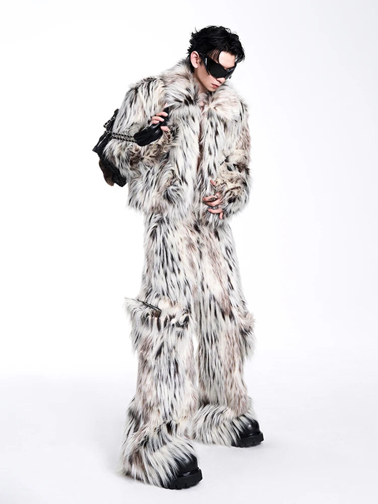 Mauroicardi Autumn Winter Long Colorful Thick Warm Hairy Fluffy Faux Fur Wide Leg Pants Men Pockets Runway Fashion Streetwear