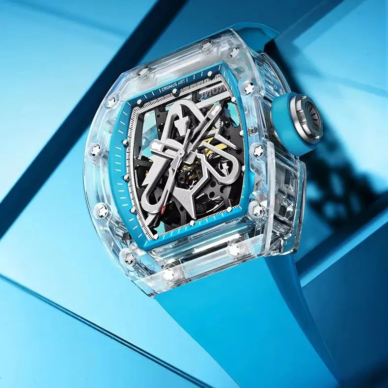 CRONUSART Men Automatic Watch 50mm Tonneau Mechanical Wristwatch Sapphire Case & Mirror Luminous Fluororubber Strap Skeleton