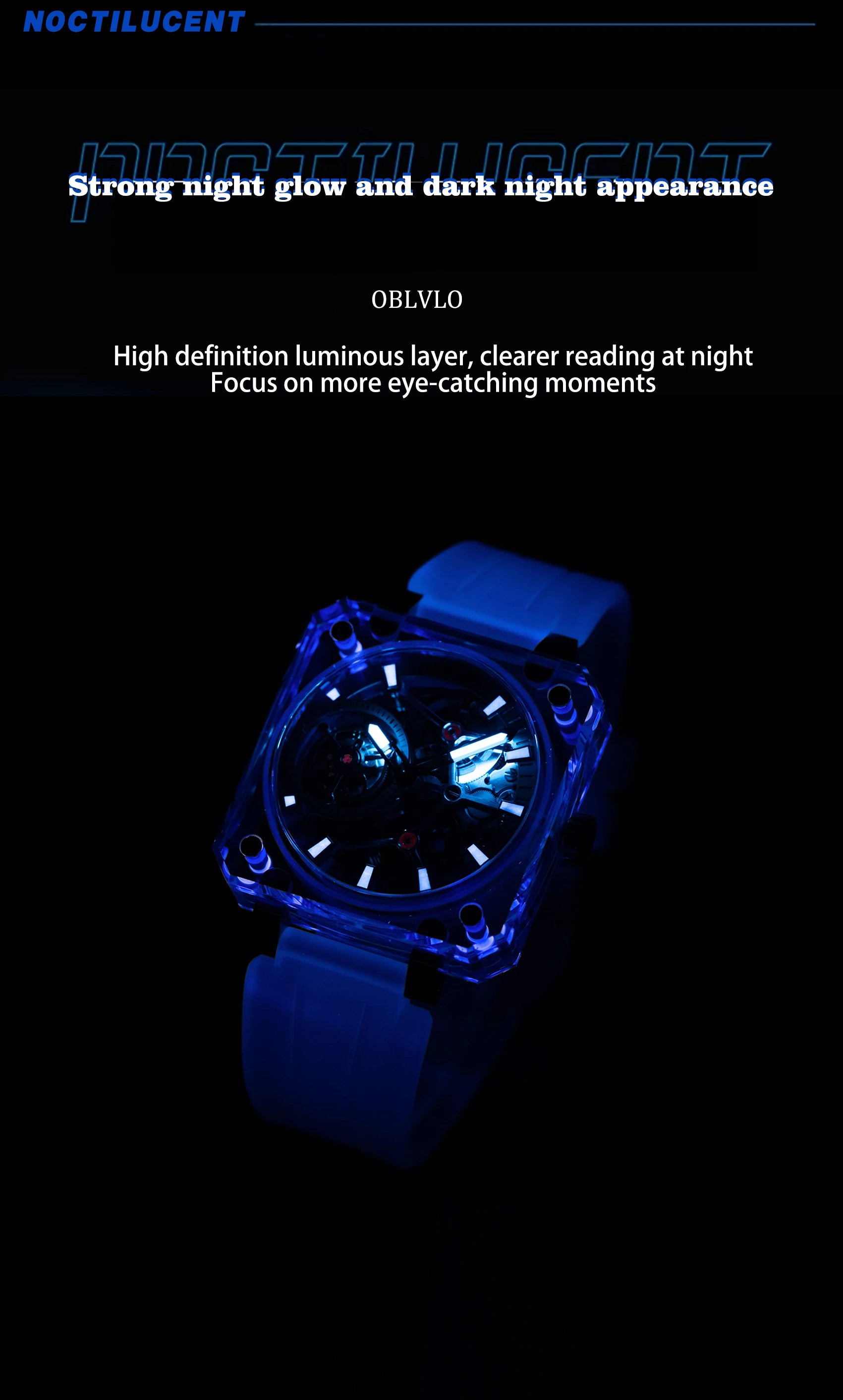 OBLVLO Men's Blue Skeleton Dial Tourbillon Automatic Watch Transparent Square Analog Display And Hollow-out Design BR-TB
