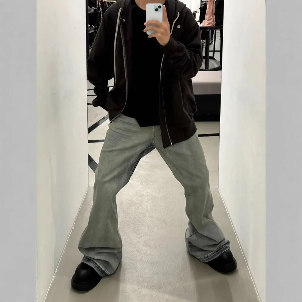 Rick RO Vintage Washed Wide Leg Skinny Jeans with Built-Up Floor-Length and Distressed Details and Cat-Fur Style Denim Pants