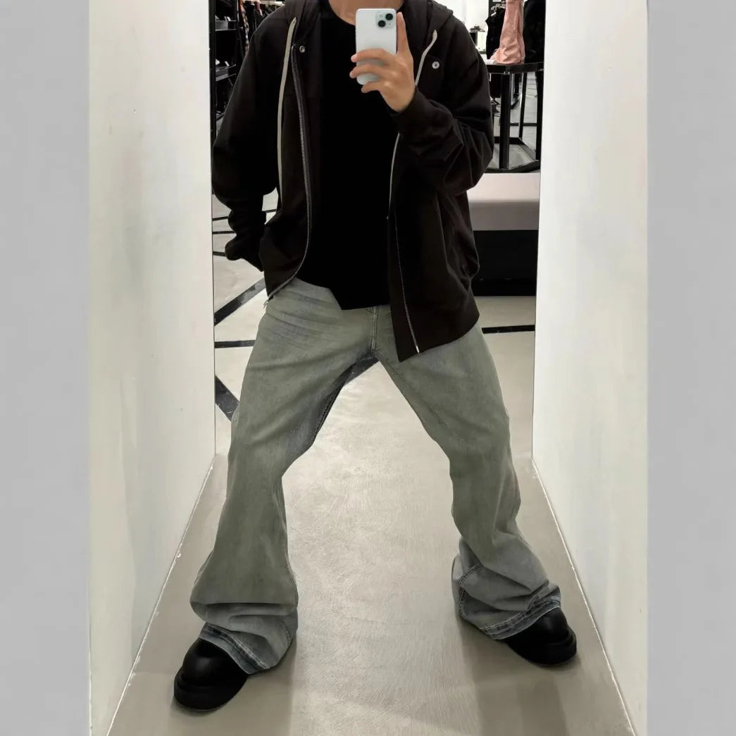 Rick RO Vintage Washed Wide Leg Skinny Jeans with Built-Up Floor-Length and Distressed Details and Cat-Fur Style Denim Pants