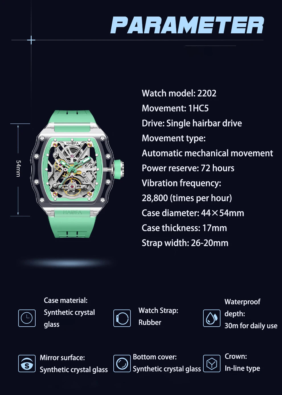 Haofa Transparent Crystal Glass Case Men's Watch Fully Automatic Mechanical Movement Luminous Fashion Watches For Man 2202