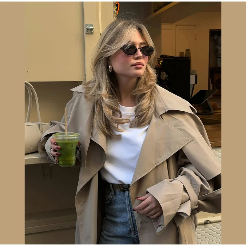 Solid Lace Up Long Trench Coat Women Fashion Full Sleeve Lapel Single Breasted Loose Outerwear 2026 Lady Spring High Street Coat