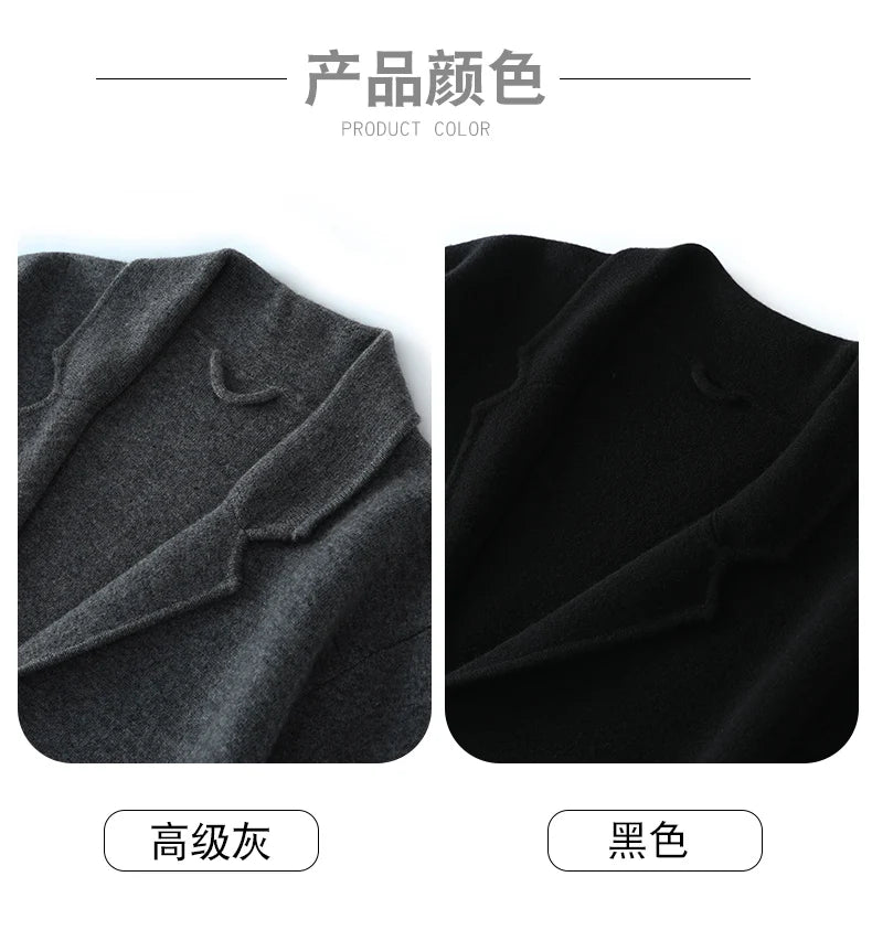 100%Cashmere Suit Men's Suit Collar Knitted Cardigan Business Casual Coat High Waisted Knitted Shorts Winter Thick Two-piece Set