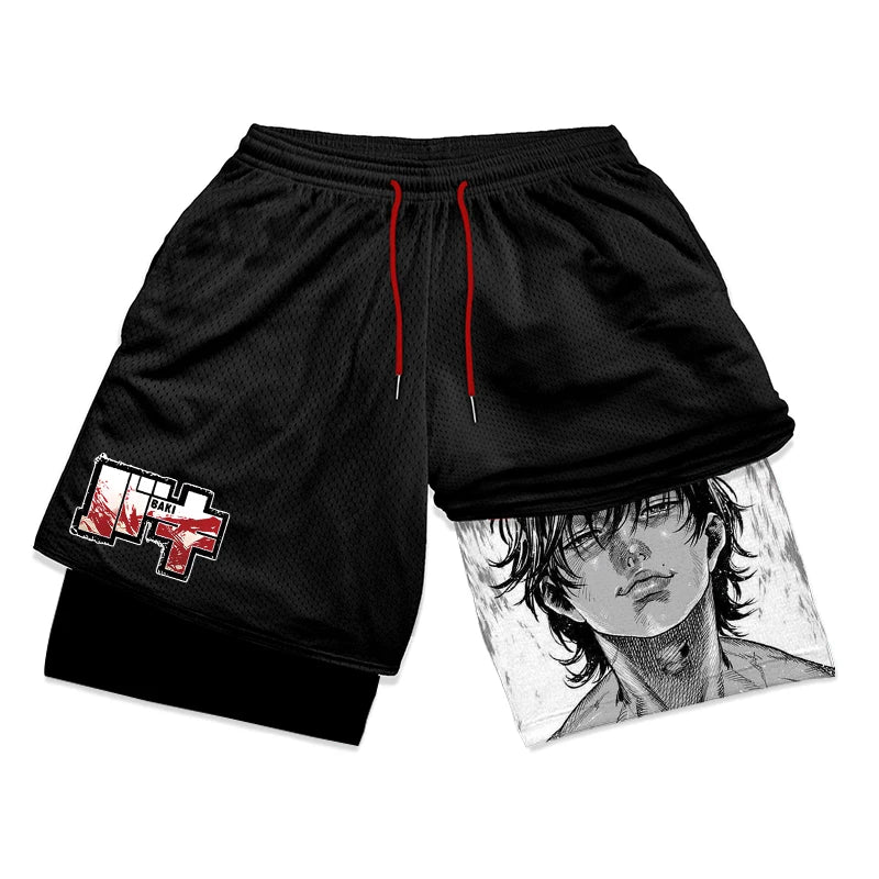 Anime Baki Hanma Gym Workout Shorts for Men Athletic Quick Dry 2 in 1 Compression Shorts Cosplay Costume