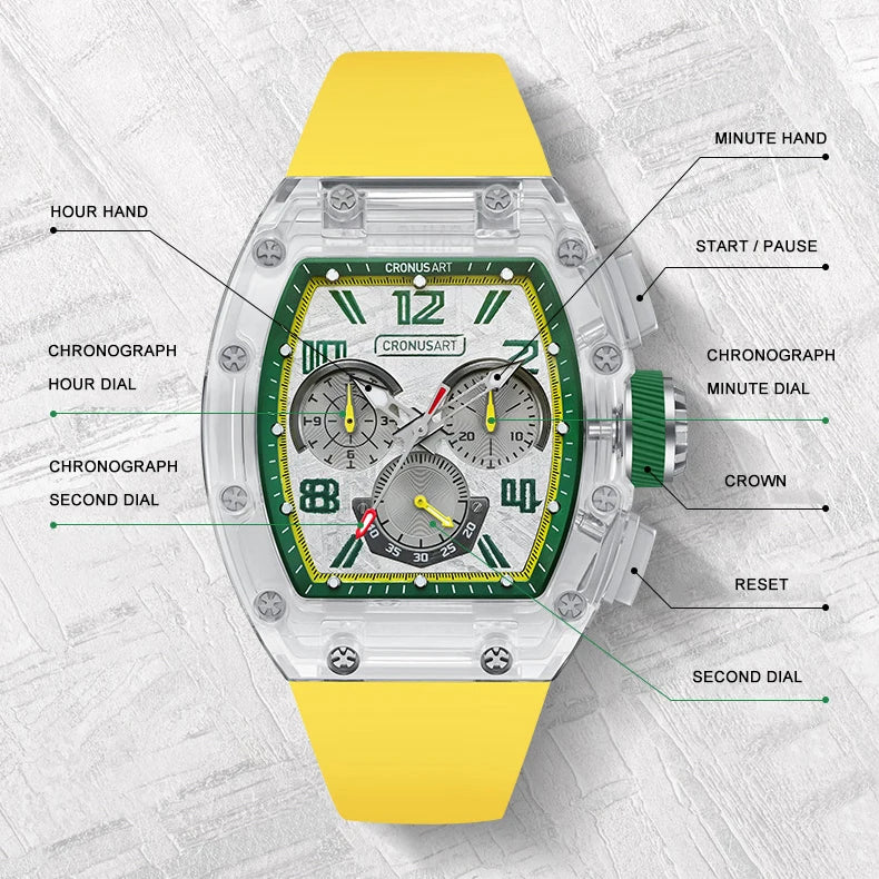 CRONUSART Men Automatic Watch 50mm Tonneau Chronograph Mechanical Wristwatch 5ATM Luminous Sapphire Case & Mirror Meteorite Dial