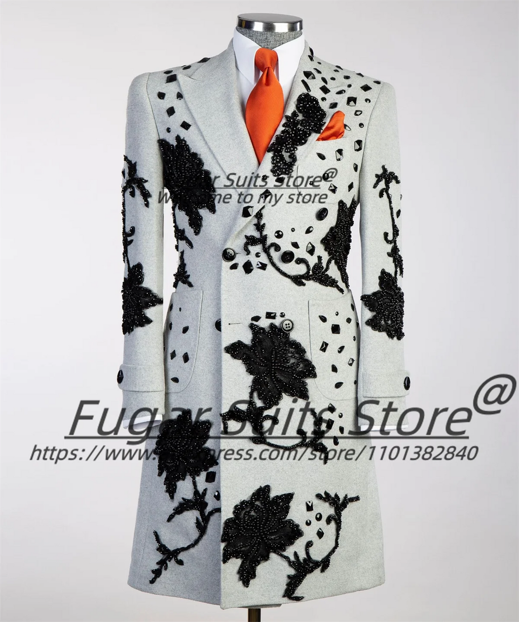 3D Beading Luxuly Long Male Blazers Slim Fit Peak Lapel Groom Wedding Tuxedos Business Men Suits 2 Pcs Fashion Costume Homme