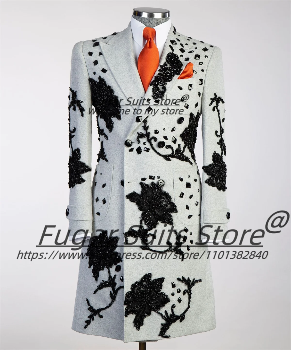 3D Beading Luxuly Long Male Blazers Slim Fit Peak Lapel Groom Wedding Tuxedos Business Men Suits 2 Pcs Fashion Costume Homme