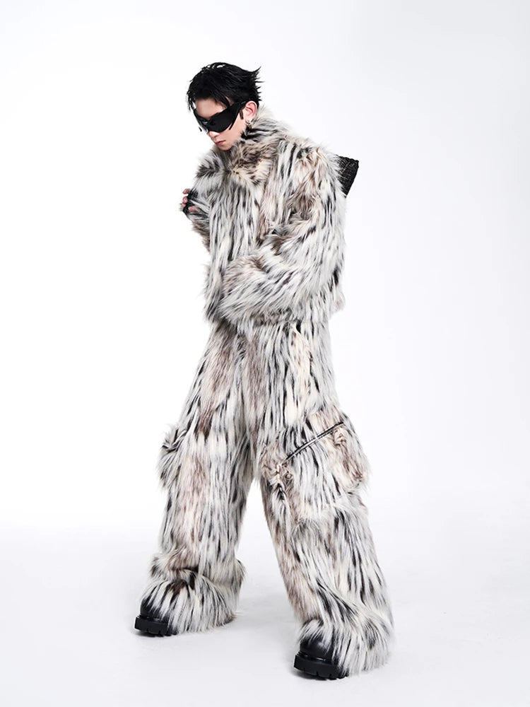 Mauroicardi Autumn Winter Long Colorful Thick Warm Hairy Fluffy Faux Fur Wide Leg Pants Men Pockets Runway Fashion Streetwear