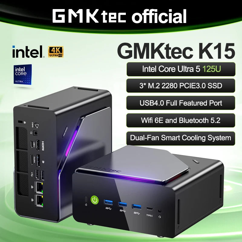 GMKtec NucBox K15 Mini PC Intel Core Ultra 5 125U DDR5 4800Mhz Pcie 3.0 SSD Windows 11Pro WIFI 6E BT 5.2 Full-featured USB4.0