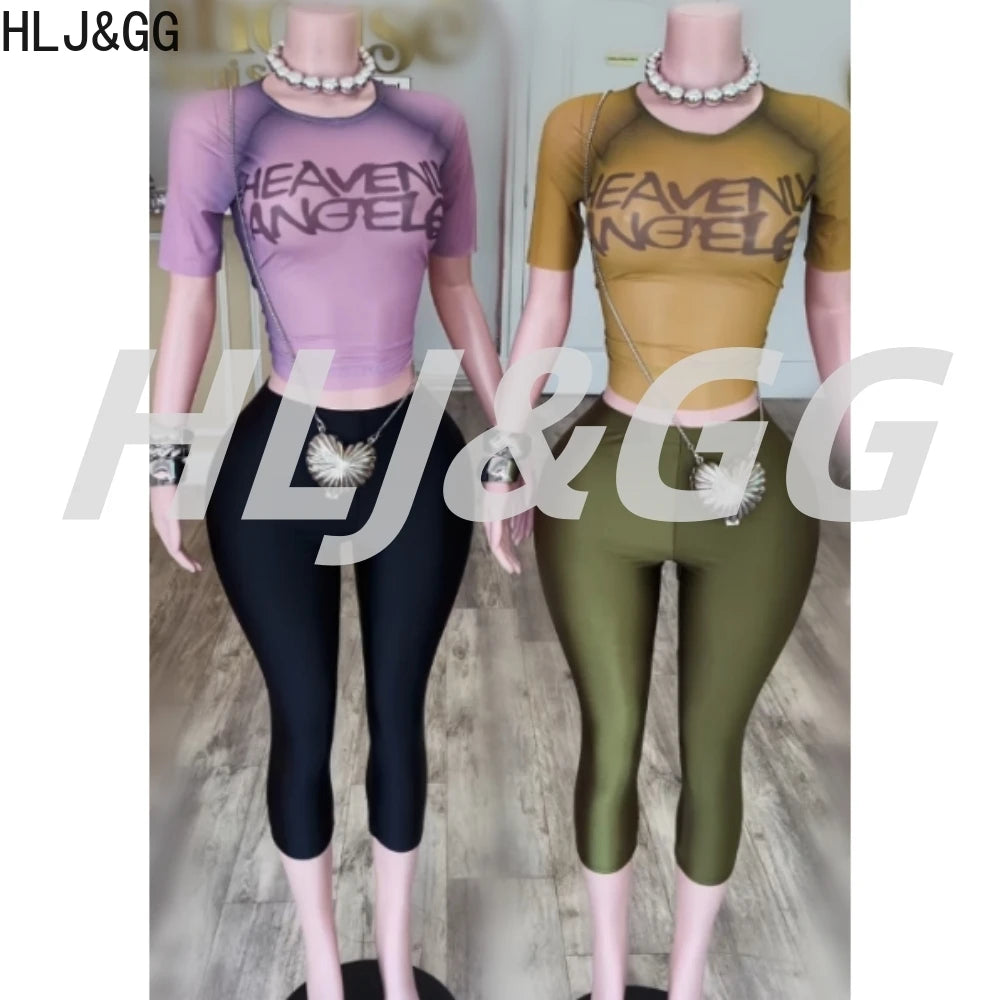 HLJ&GG American Vintage Fashion Letter Mesh See Though Two Piece Sets Women O Neck Short Sleeve Slim Crop Top And Pants Outfits