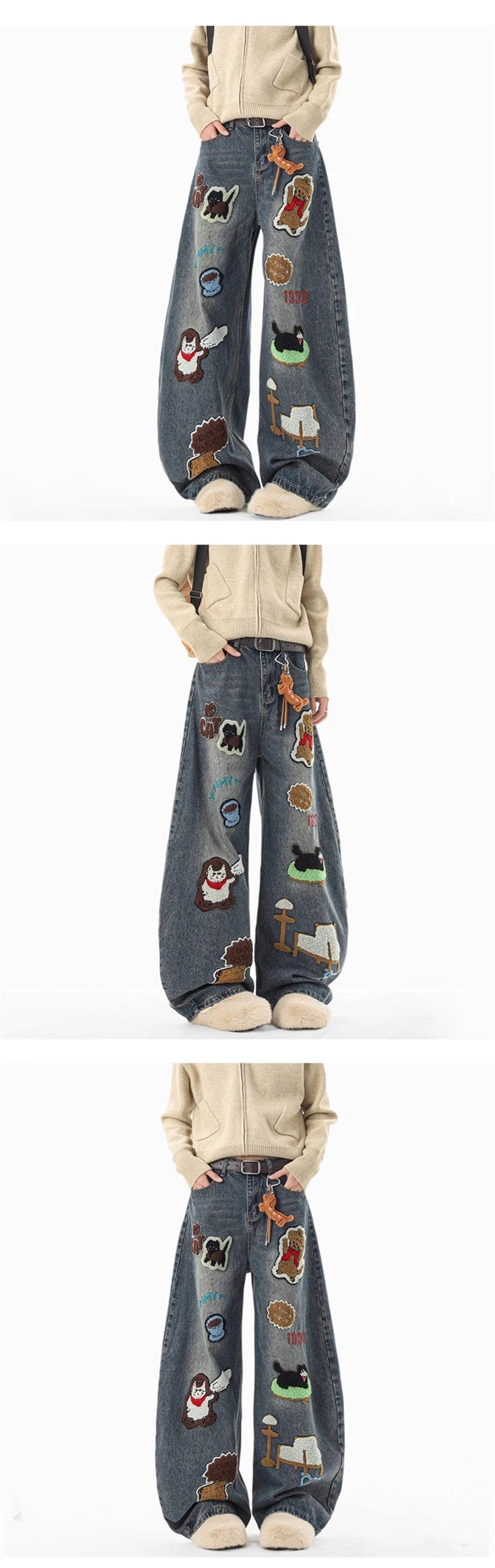 Hip Hop Cartoon Graffiti Graphic Appliques Baggy Jean Man Casual Embroidered Straight Wide-Leg Denim Pants Y2K Streetwear Jeans
