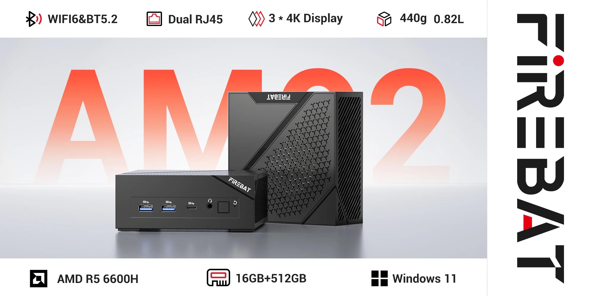 FIREBET AM02 Mini PC 6600H CPU 6C/12T UP TO 4.5GHz 16GB LPDDR5 RAM 512GB SSD Windows 11 2*RJ45 WIFI6 BT5.2 Gaming Computer
