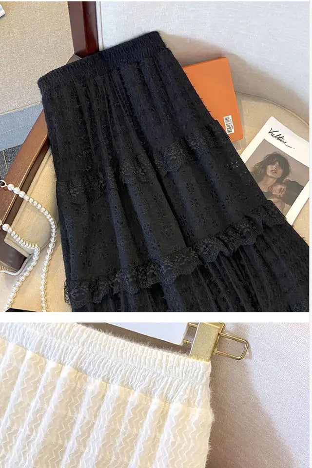 Lace Skirts Women French Style Ankle-length High Elastic Waist Hollow Out Patchwork New Loose Slim Korean  A-line Sweet Fit