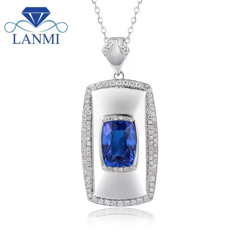 LANMI Genuine Tanzanite Diamonds Pendants Solid 18k White Gold Charm AAA Blue Tanzanite Pendant for Men Jewelry