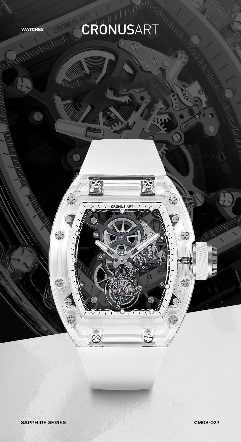 CRONUSART Men Tourbillon Watch Luxury Tonneau Automatic Mechanical Wristwatch Sapphire Case Luminous Fluororubber Strap Skeleton