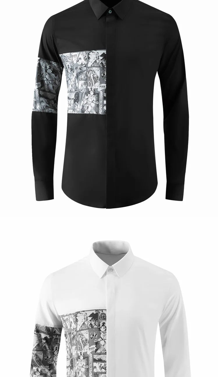 2024 Cartoon Printed Splicing Shirt for Men Long Sleeve Slim Casual Shirts Fashion Lapel Slim Fit Social Streetwear Men Clothing
