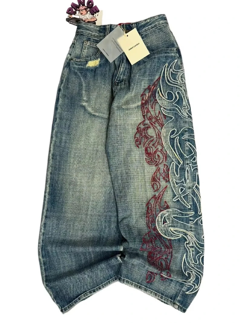 American Fashion New Black Old Washed Holes Baggy Jeans Ladies Y2K Vintage Punk Fashion Casual Joker High Waist Wide Leg Pants
