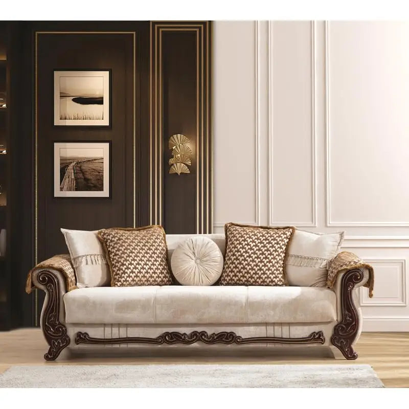 Beige Chenille Upholstered 2-Piece Living Room Set with Wood Frame