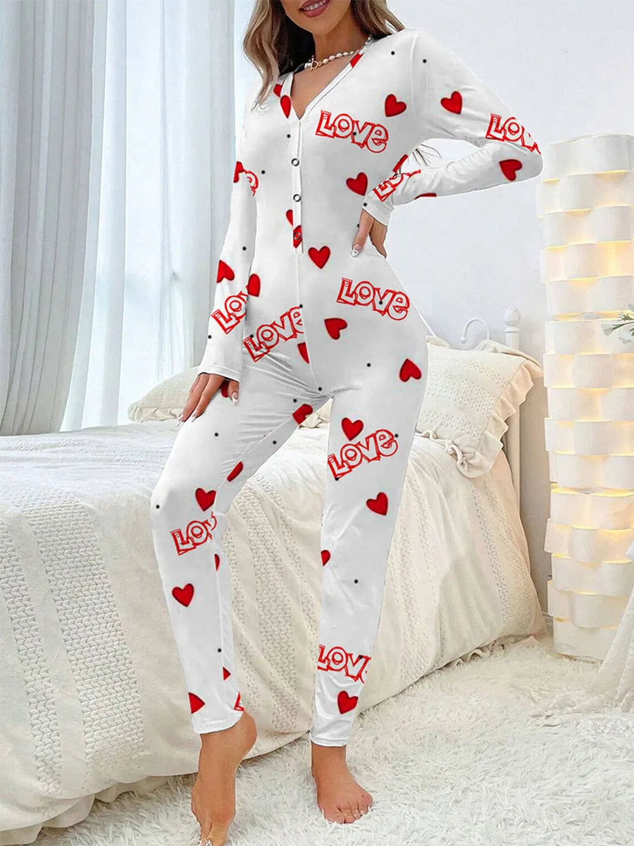Women Jumpsuit Long Sleeve V Neck Button Closure Letters Heart Print Bodysuit Loungewear Sleepwear for Valentines Day