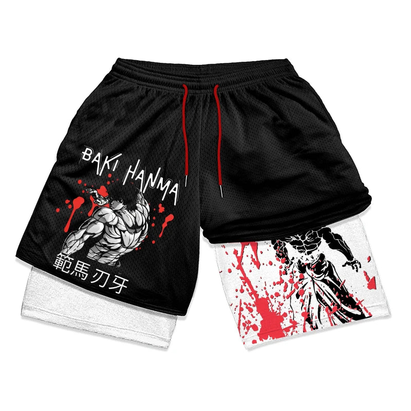 Anime Baki Hanma Gym Workout Shorts for Men Athletic Quick Dry 2 in 1 Compression Shorts Cosplay Costume