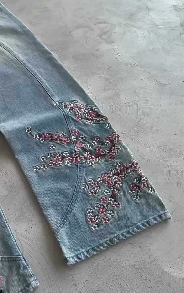 Fallen Knight Cherry Blossom Embroidery Denim Pants Y2k Vintage Women Baggy Straight Wide Leg Jeans Street Men Clothing Trousers