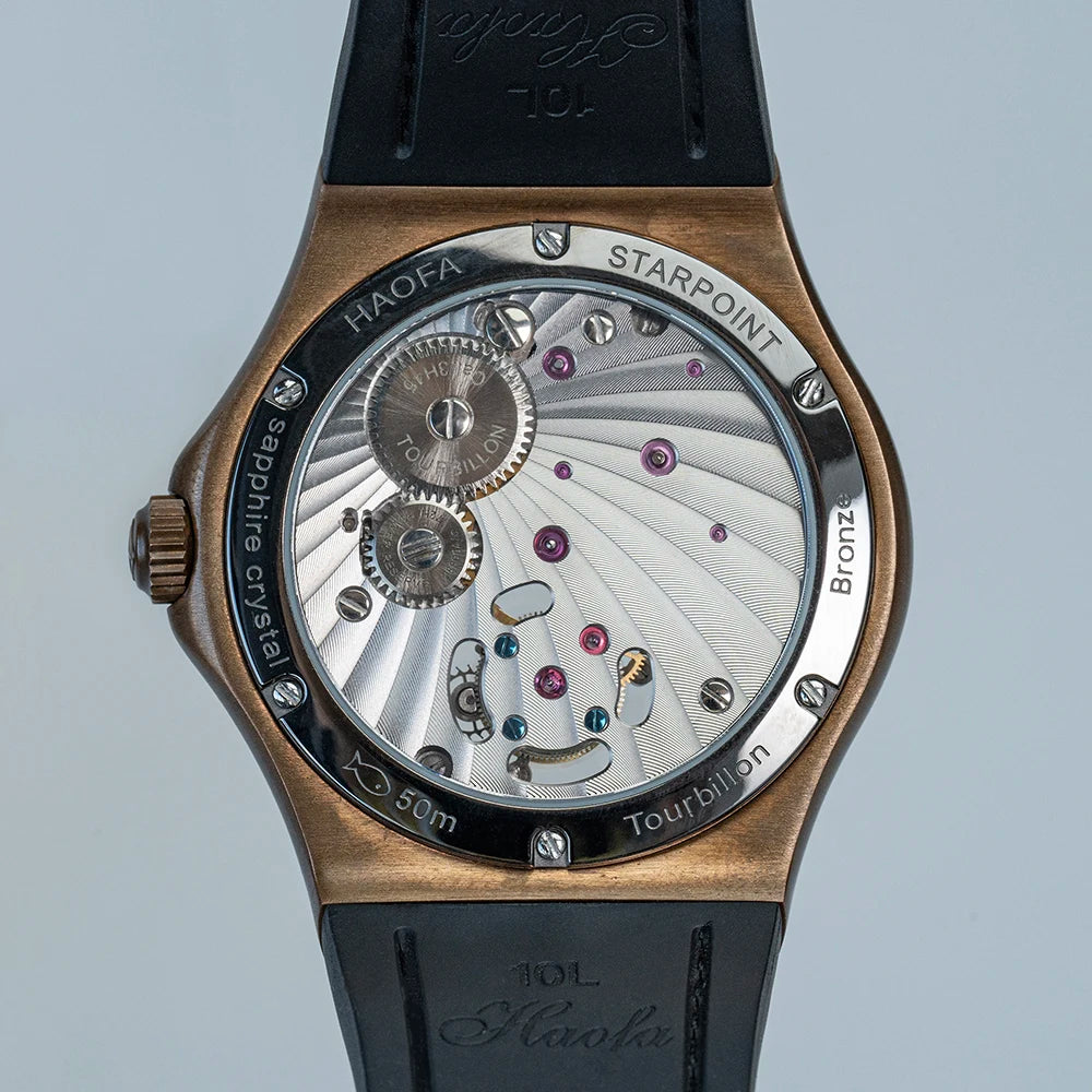 Haofa Manual Tourbillon Movement Watch for man Sapphire Mechanical Bronze Case Carbon Fiber Bezel Mens Watch Day And Night 1915T